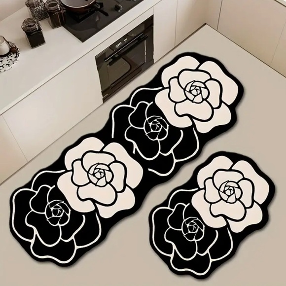 Elevate Your Space with Timeless Elegance: Black Cream Camellia flower rugs - Picture 1 of 13